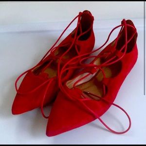 Topshop Pointed Toe Red Lace-Up Flats Faux Suede